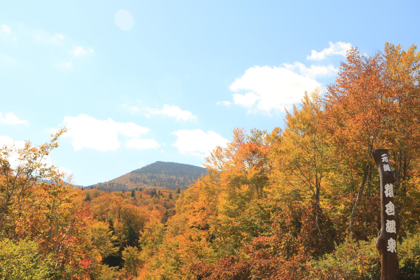美しい紅葉の奥に八甲田の山々がそびえる
