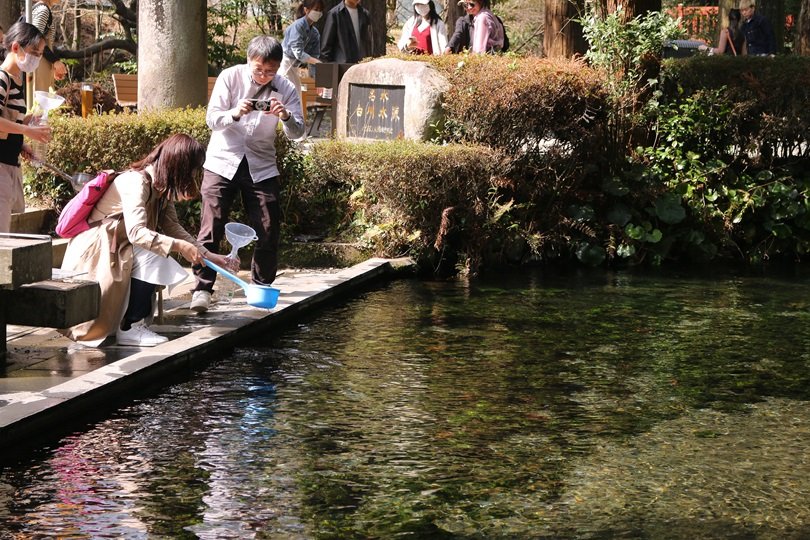 湧き水はひしゃくですくって汲む